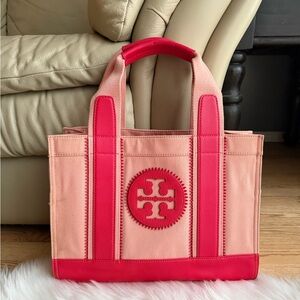 Authentic Tory Burch Pink Canvas Logo Tote Bag
